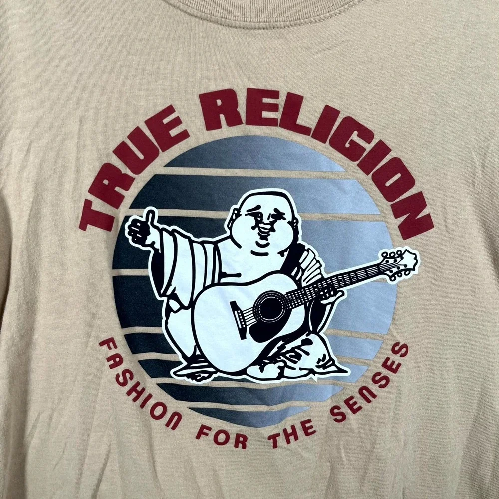 True Religion T Shirt Mens XL Beige Logo Buddha Cotton Short Sleeve Pullover‎